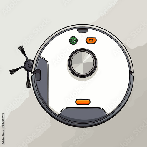 Top view illustration of a modern white robotic vacuum cleaner with brushes and buttons on a light gray background