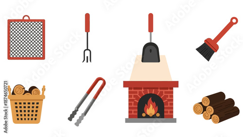 Barbecue and fireplace tools set with basket and logs in flat style