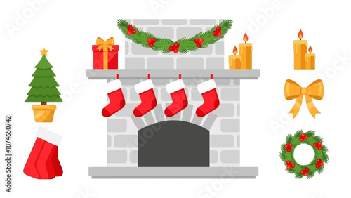 Festive fireplace with christmas decor elements and stockings for holiday cheer