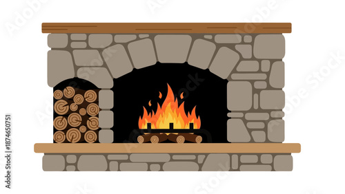 Cozy fireplace with burning flames and stacked logs in flat design