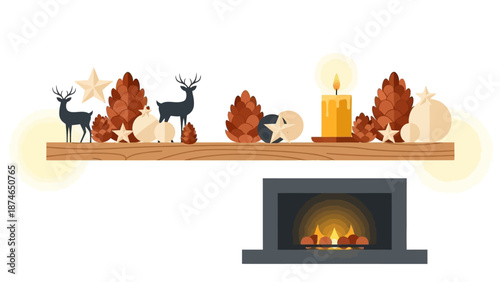 Cozy fireplace scene with autumn decor featuring candles and pine cones