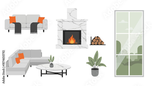 Modern living room elements with fireplace, sofa, and greenery