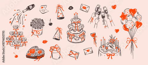 Doodle quirky whimsical girly birthday, bachelorette party elements set with coquette pink bows. Hand drawn birthday candle cake and hat, heart balloon, margarita cocktail, martini, champagne tower