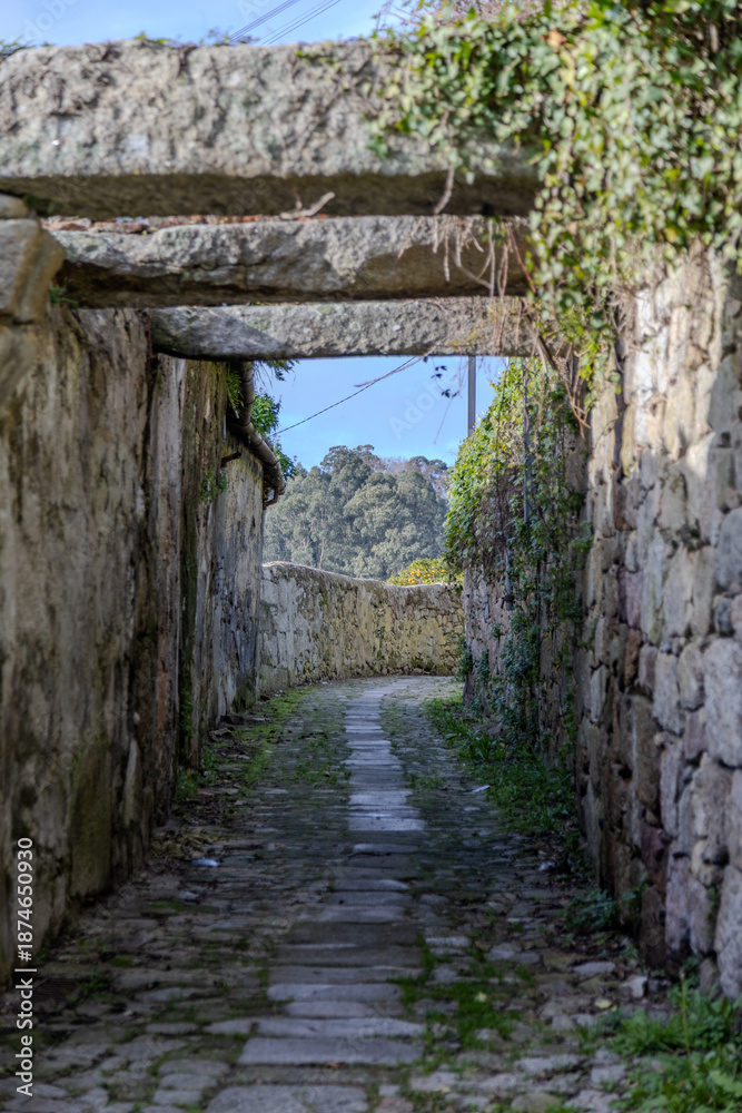 Fototapeta premium Ancient stone alley with archway and cobblestone path in Porto