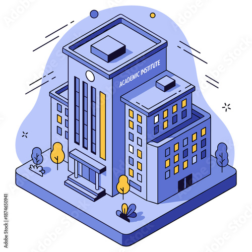 Modern isometric illustration of academic institute building with blue color palette. No editable stroke