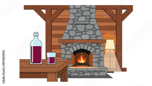 Cozy fireplace with wooden interior and wine setting for relaxation and warmth