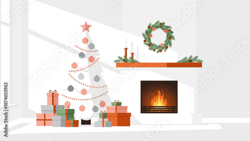 Cozy christmas living room with a decorated tree and glowing fireplace