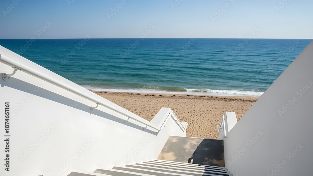 Fototapeta premium White modern stairs descending to a beautiful sandy beach with turquoise ocean waves under a clear blue sky, evoking a sense of tranquil summer vacation and coastal escape.
