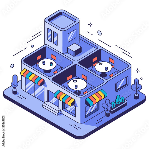 Isometric illustration of a modern cafeteria building with outdoor seating and colorful awnings. No editable stroke