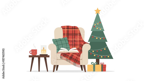 Cozy holiday scene with armchair, plaid blanket, and christmas tree