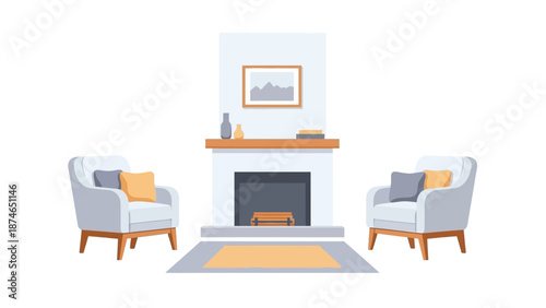 Modern living room interior with fireplace and armchairs in minimalist style
