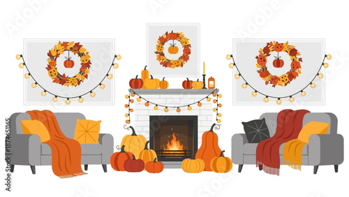 Cozy autumn living room decor with pumpkin wreaths and fireplace