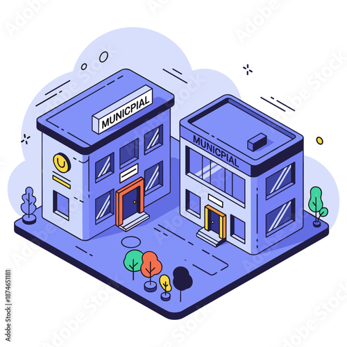 Isometric illustration of municipal buildings with minimalist design and urban elements. No editable stroke