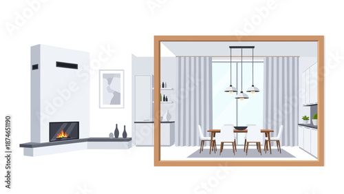 Modern minimalist dining interior with fireplace and large window