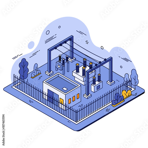 Isometric illustration of an electrical substation with fencing and equipment. No editable stroke