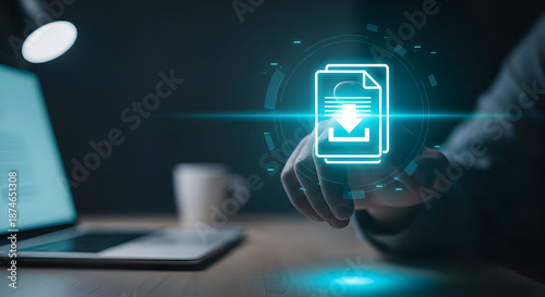 Person interacts with digital document icon, symbolizing file sharing or download in modern technology and office setting efficiently.