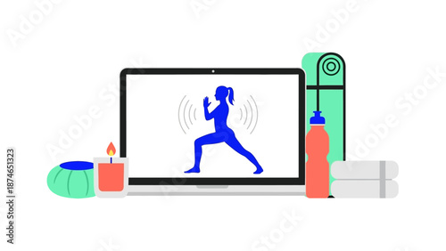 Virtual home fitness setup with yoga mat and accessories for online workout