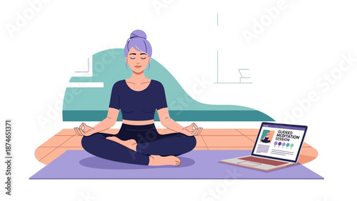 Peaceful woman practicing yoga at home with online meditation guide