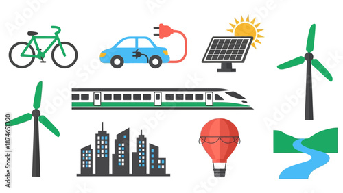 Sustainable transportation and energy icons: eco-friendly future