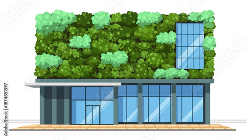 Modern green building with vertical garden and large windows in urban setting