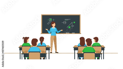 Classroom learning scene with teacher and students in flat design