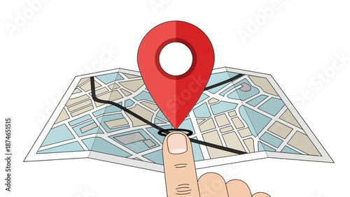 Hand pointing to location marker on city map with red pin icon