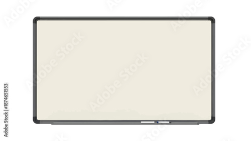 Modern whiteboard with erasers and markers on minimalist background