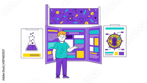 Science fair presentation with student explaining chemistry and biology projects
