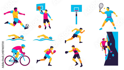 Dynamic sports icons set featuring popular athletic activities in flat design