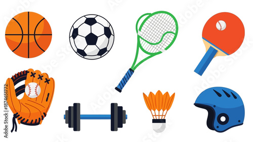 Flat style sports equipment set including ball, racket, glove, and helmet