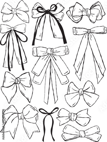 Hand Drawn Ribbon Bows Vector Illustration Set. Black and White Line Art Collection
