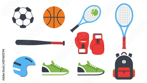 Colorful flat sports equipment icons for various activities