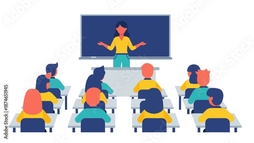 Classroom learning with teacher and students in flat design style