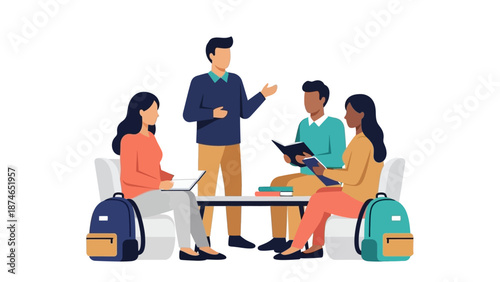 Diverse group of students engaging in study discussion with laptops and books