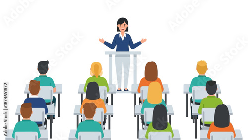 Classroom presentation with teacher speaking to students in a seminar setting