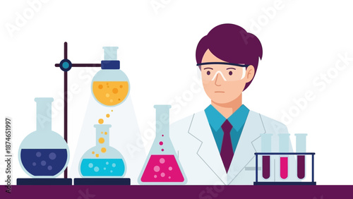 Scientist in lab coat analyzing colorful solutions in laboratory setting with test tubes