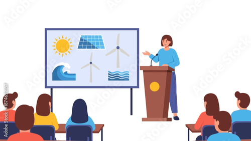 Female speaker presenting renewable energy concepts to engaged audience