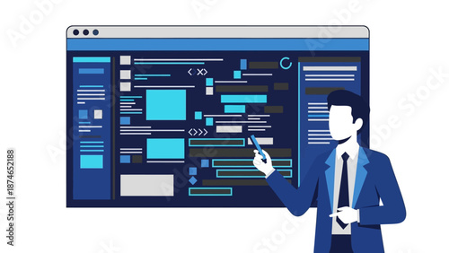 Businessman analyzing data on tech interface in modern workspace