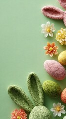 Knitted bunny with pastel flowers and colorful eggs for spring Easter decor and craft photos