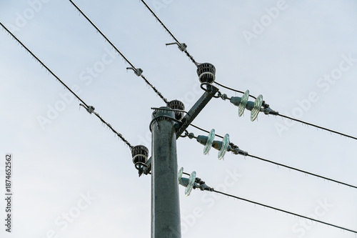 Iced high-voltage wires in winter