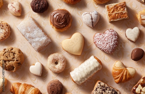 Valentines dessert flat lay with heart cookies and pastries