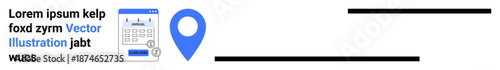 Business planning, location services, online scheduling, organization, travel, navigation. Minimal icon with a calendar and a location pin. Business planning and location services concepts