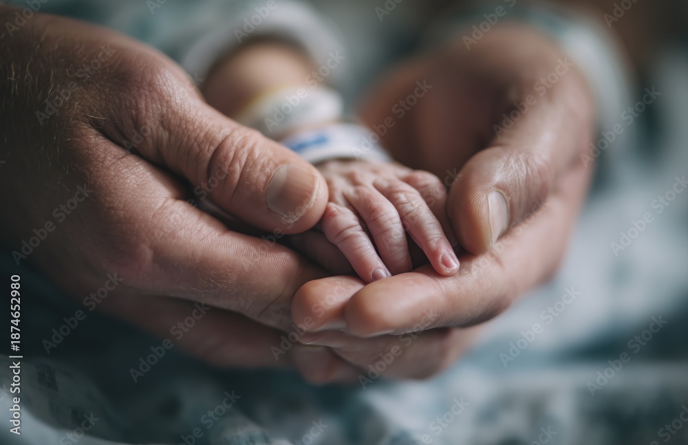 Fototapeta premium Parent Holding Newborn Hand in Hospital Close Up