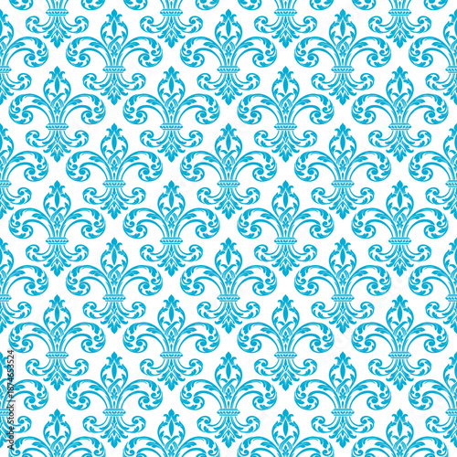 Delicate small-scale fleur-de-lis damask seamless pattern in cyan. Intricate ...