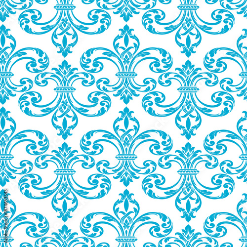Blue fleur-de-lis damask seamless pattern featuring large ornate royal lilies. Classic decorative background for luxury upholstery, bold wallpaper, and elegant textile design.