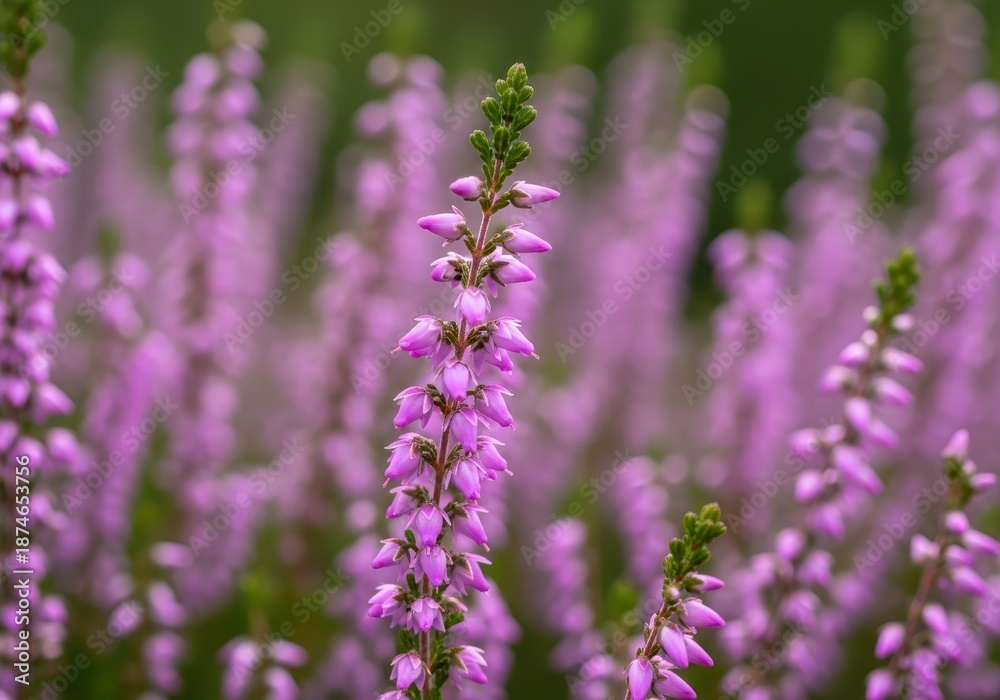 Obraz premium A vibrant macro photograph showcasing the delicate purple and pink bell-shaped flowers of blooming heather in its natural habitat, emphasizing texture, spring, scenic, hillside