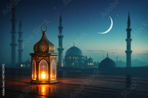 Peaceful Ramadan night scene with glowing lantern and mosque silhouette under crescent moon.