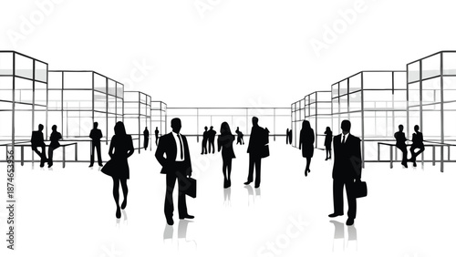 Business professionals in modern office space with glass walls and cubicles