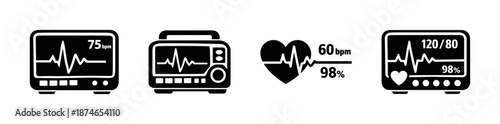 Medical equipment vector icons set: heart monitor, ecg, vital signs devices