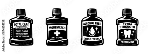 Mouthwash bottles vector icons set: antiseptic, alcohol free, total care, mint